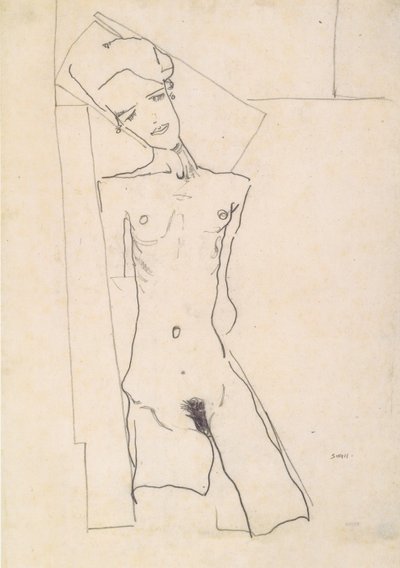 Standing Female Nude in Front of Geometric Shapes by Egon Schiele